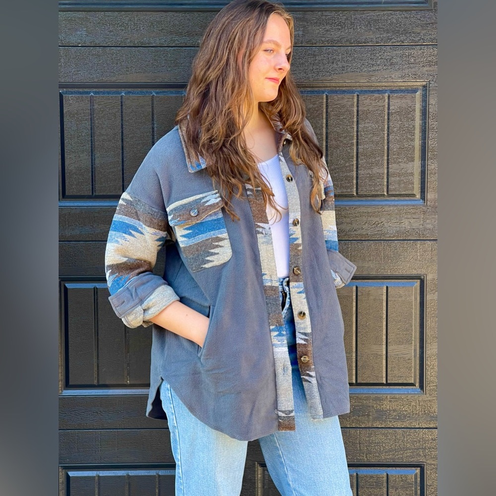 New boutique blue gray Aztec flannel shacket jacket